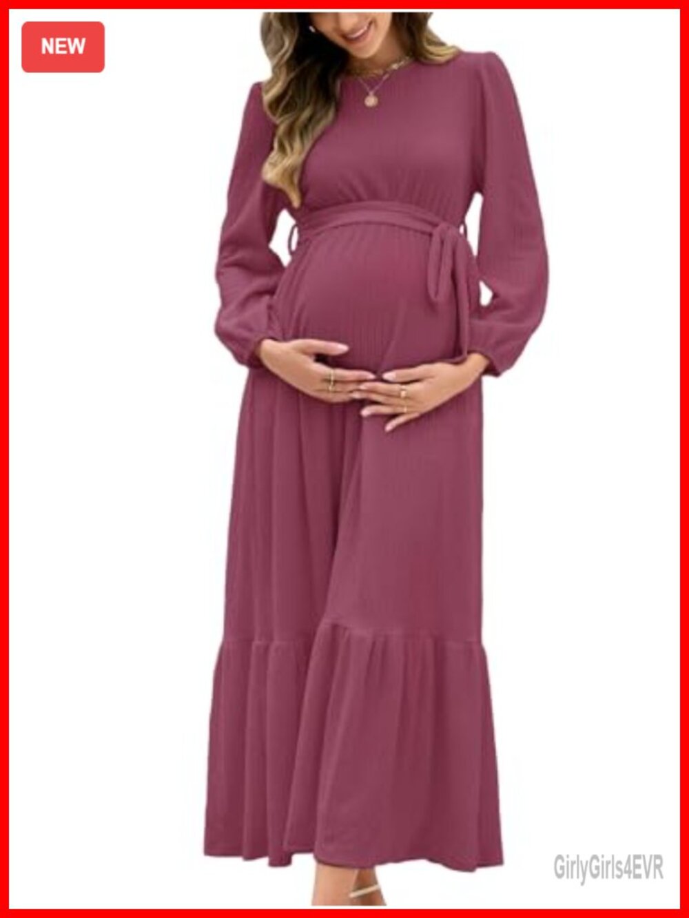 Maternity Maxi Dress Long Sleeve Crew Neck with Belt Pockets Baby Shower